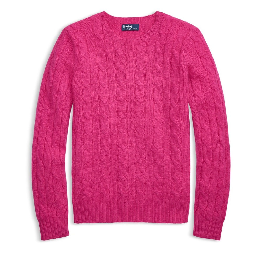 NWT. Polo Ralph Lauren Vibrant Pink Cable Knit 100% Cashmere Crewneck Sweater.